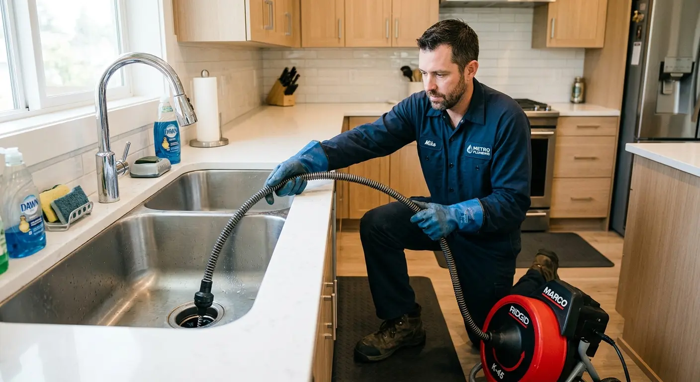 Drain cleaning technician using a motorized snake on a kitchen sink in Lewiston