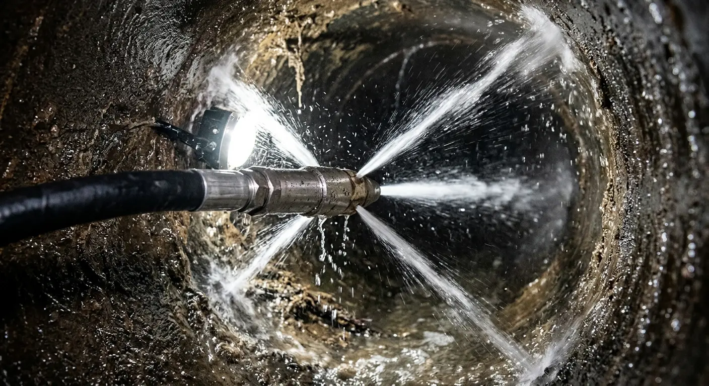 High-pressure hydro jetting nozzle cleaning sewer pipe for Sewer Cleanout in Lewiston