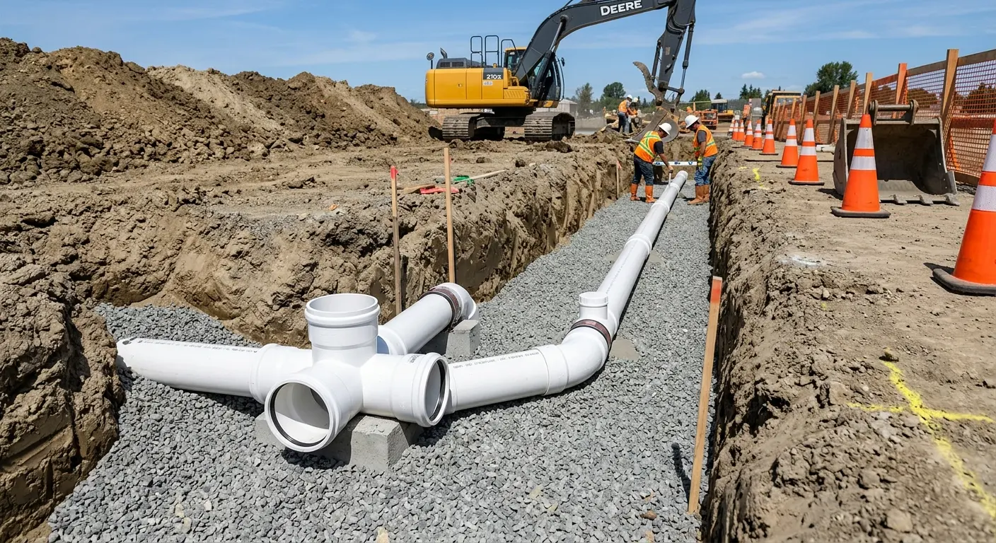 New PVC sewer pipe installation in open trench for Commercial Drain Cleaning in Lewiston