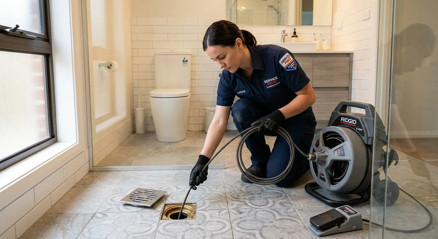 Technician clearing a bathroom floor drain for Sewer Line Replacement in Lewiston